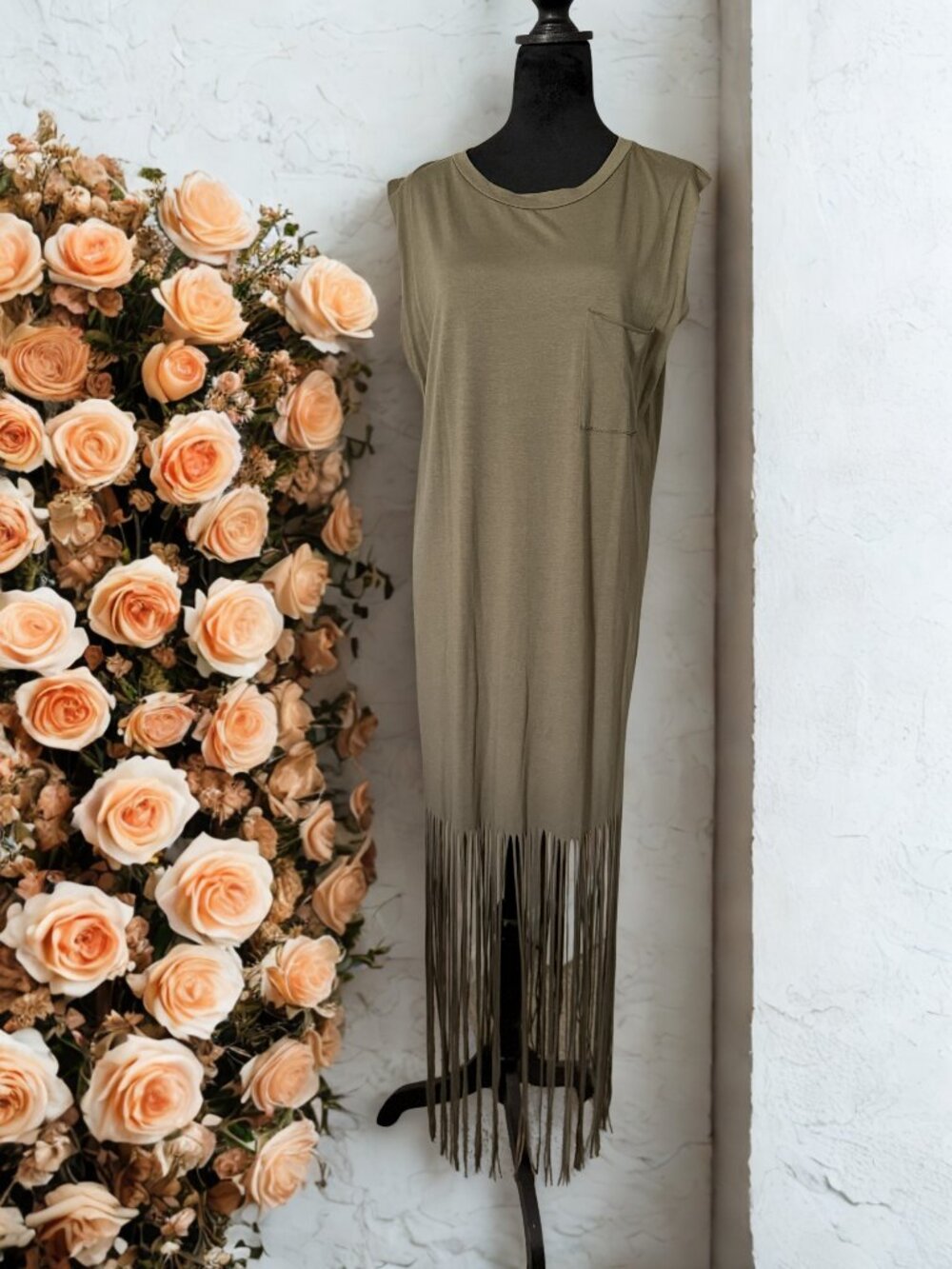 Olive Green T-Shirt Dress - Fringe Hemline
